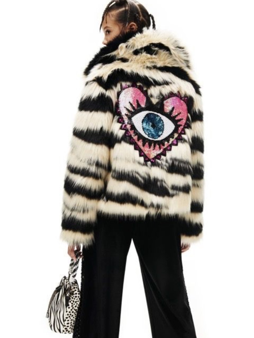 Desigual Black & Cream Striped Faux Fur Jacket with Pink & Blue Heart Eye